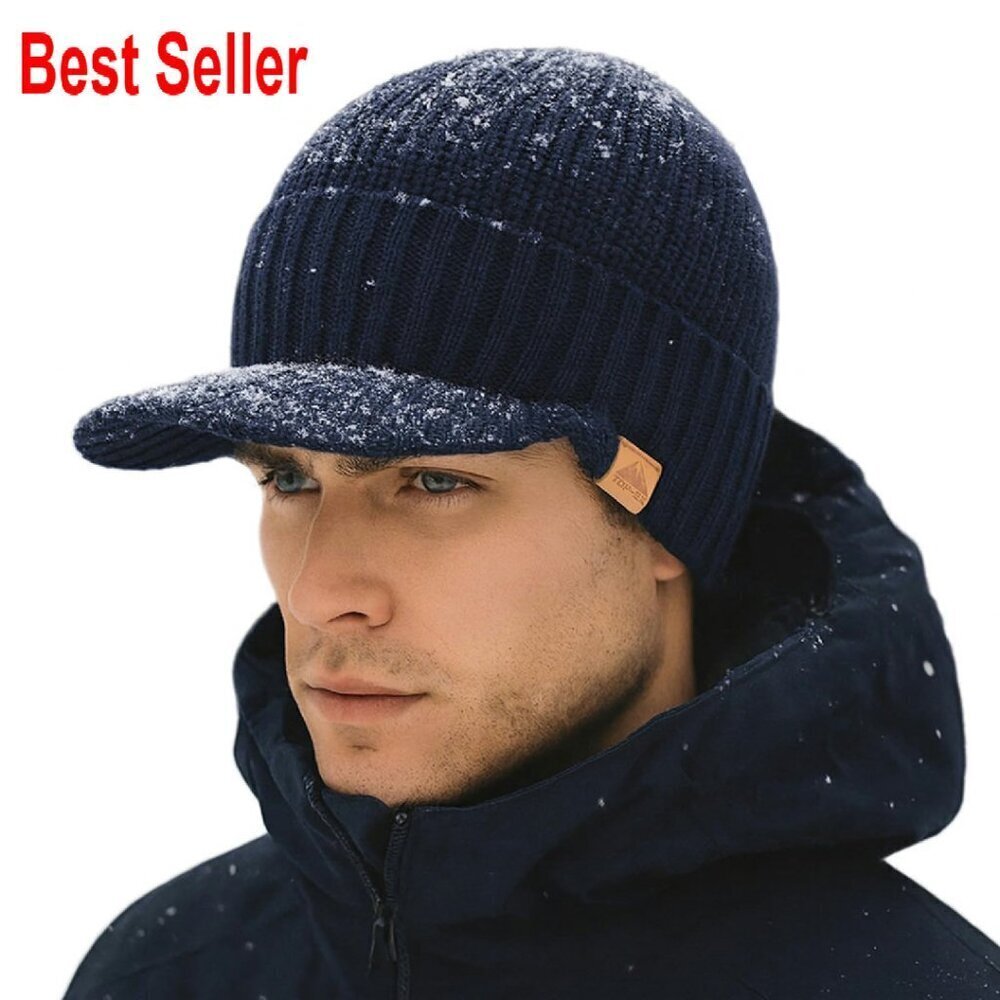Waterproof Merino Wool Winter Beanie Fleece Lined Brim Cap Cold Weather